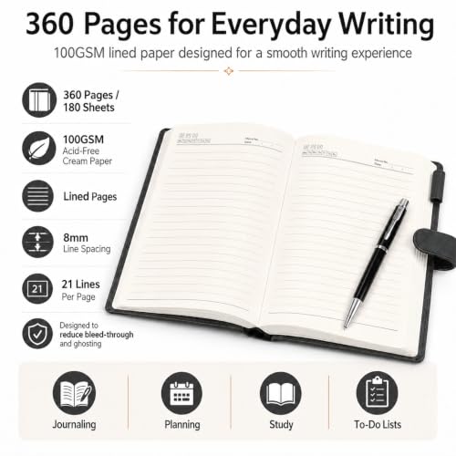 A5 Leather Journal for Women Men, Hardcover Notebook Set with Pen, Black - color: Black