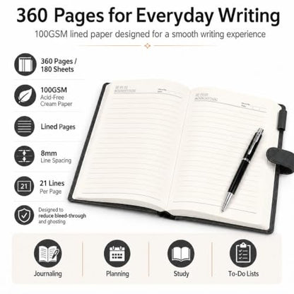 A5 Leather Journal for Women Men, Hardcover Notebook Set with Pen, Black - color: Black