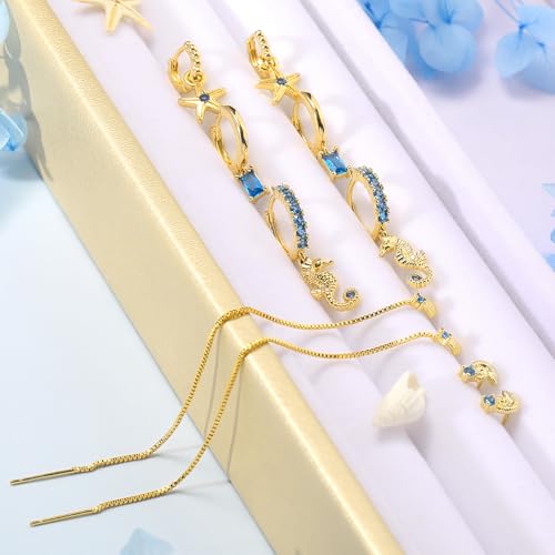 Gold Earrings Set for Women 14K Gold Plated Cubic Zirconia Love Heart Bowknot Clover Fruit Flower Insect Ocean Cross Huggie Hoop Earrings Stud Earrings Set for Multiple Piercing Party Jewelry Gifts - style: Seashell and Starfish