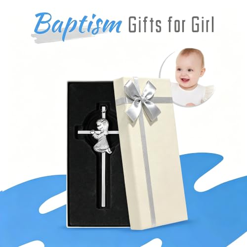 Baby Wall Cross Baptism Gifts for Girl, 6-inch Silver Praying Catholic Girls Baptism Crosses for Christening, First Holy Communion & Baby Dedication Gifts, Baptismal Cross Newborn Nursery Decor - color: Silver Girl-6 in