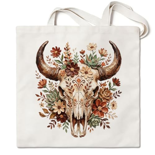 Western Canvas Tote Bag, Western Gift for Women - color: Cow Skull
