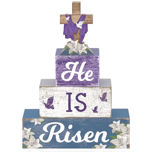 4 Pcs Easter Table Decorations He Is Risen Wooden Table Sign Religious Wood Centerpiece Easter Cross Blocks Farmhouse Tiered Tray Decor for Home Kitchen Shelf Decor(Cross) - style: Cross