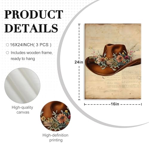 NCCXNCC 3Pcs Western-style Boots, Hats, and Bow Tie Wall Art 16x24 Inch - color: Western Cowboy Hat, size: 16×24inch