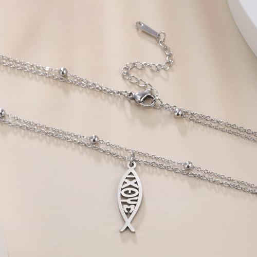 Ichthus Necklace for Women Christian Jesus Fish Necklace Christ Fish Cross Ichthys Pendant Necklace Ichthus Fish Religious Symbol Pendant Christian Jewelry Gift - color: Jesus Fish 2 silver