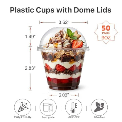 Lullaby 50 Pack 9oz Clear Plastic Cups with Dome Lids, Dessert Fruit Cups - size: 50PACK