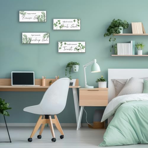 ONIZHITY 4 Pcs Green Bathroom Decor Religious Farmhouse Wall Art Inspirational Bible Verse Green Leaf Rustic Wooden Christian Sign for Home Bathroom Office Bedroom Living Room Kitchen(Green 10x4)