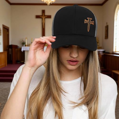 3D Embroidered Christian Hat for Men & Women, Jesus Faith Cross Hat, Religious Gifts for Christians Clothes - color: Leather - Black Silver