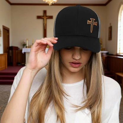 3D Embroidered Christian Hat for Men & Women, Jesus Faith Cross Hat, Religious Gifts for Christians Clothes - color: Leather - Black Silver