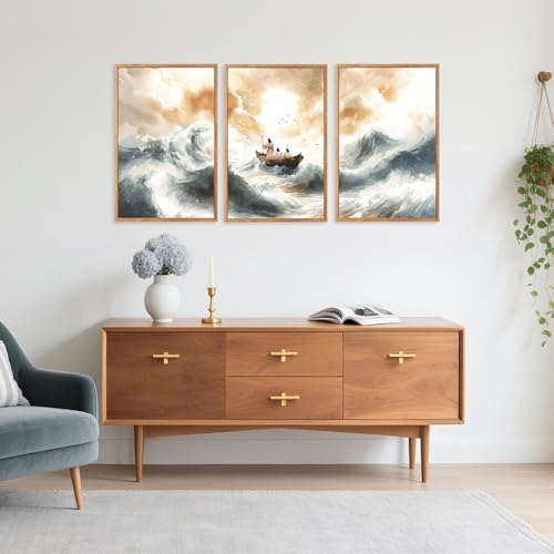 CHDITB 3Pcs Jesus Clams The Storm Matthew 8:23 Framed Wall Art 16x24 Inch - color: Matthew 8:23-34 Jesus Calms The Storm, size: 16"L x 24"W