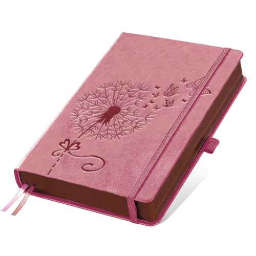 A5 Dandelion Butterfly Leather Journal, 300 Pages Lined Notebook, Pink Vintage Pattern Hardcover Notebook for Travel Diary, Business, Work and School Daily Writing - style: Dandelion