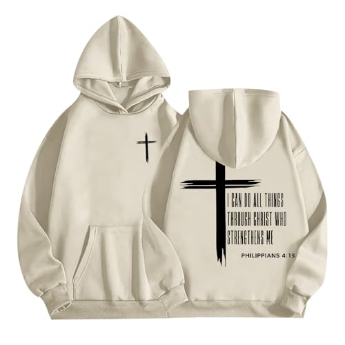 Tuislay Mens I Can Do All Things Through Christ Hoodies Christian Jesus Hoodie Religious Cross Sweatshirt Faith Pullover Tops - color: Apricot, size: X-Large