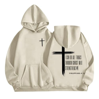 Tuislay Mens I Can Do All Things Through Christ Hoodies Christian Jesus Hoodie Religious Cross Sweatshirt Faith Pullover Tops - color: Apricot, size: XX-Large