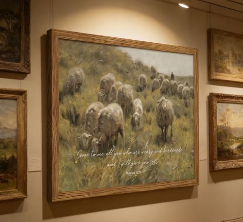 Wood Framed Matthew 11 28 Wall Art Christian Vintage Pasture Wall Decor - color: Matthew 11:28, size: 24"L x 16"W
