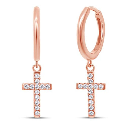Religious Cross Dangle Drop Earrings Women Sterling Silver 0.20 CT (1/5 Ct) - color: Rose Gold Over Silver