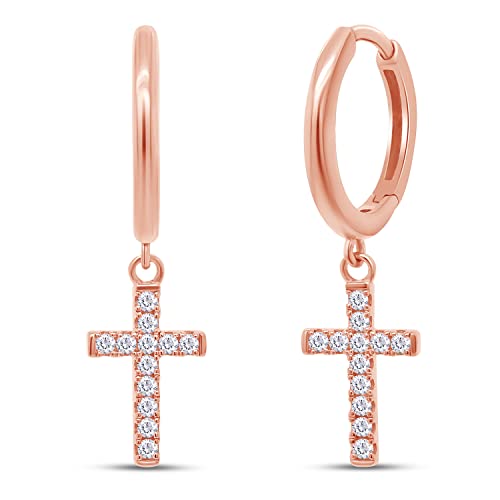 Religious Cross Dangle Drop Earrings Women Sterling Silver 0.20 CT (1/5 Ct) - color: Rose Gold Over Silver