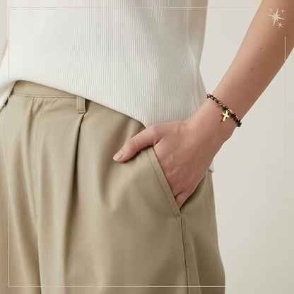 Gold Cross Bracelet for Women – Christian Bracelet with Natural Stone Beads, Gold Cross Bracelet for Women, Christian Jewelry and Spiritual Gifts, Inspirational Faith Based Religious Jewelry