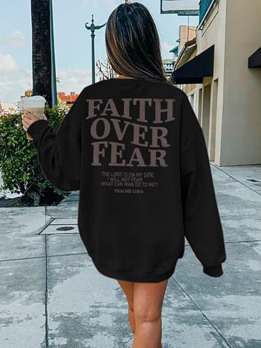 FRYAID Christian Sweatshirt Women Faith Over Fear Christian Religious Sayings Pullover Shirt Letter Print Long Sleeve Tops - color: Dark Grey, size: Small