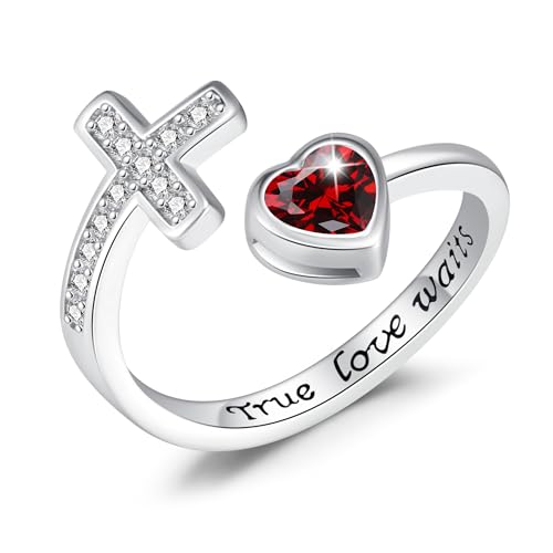 S925 Sterling Silver Birthstone Purity Ring For Women Cross Ring For Women Adjustable Ring - color: 01-January