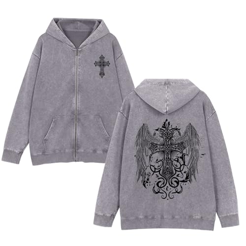 Vintage Goth Punk Zip Up Hoodies for Men Grunge Streetwear Oversized Gothic Cross Graphic Acid Wash Sweatshirt Tops - color: Gray, size: Small