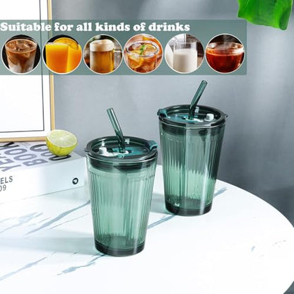 Joeyan Glass Tumbler with Straw and Lid,Green Glasses Water Cup with Straw - color: Green-1