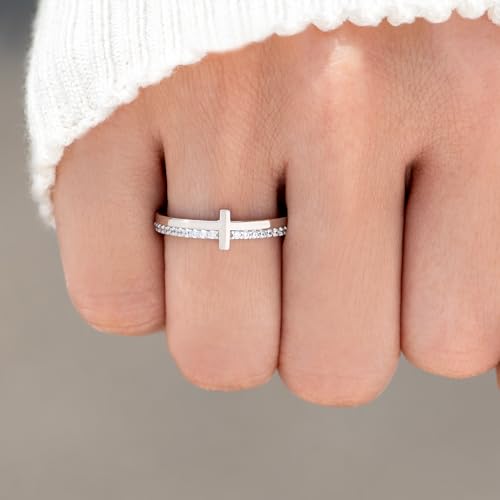 STORYJEWELLERY Cross Rings for Women, 925 Sterling Silver Purity Ring with Cubic Zirconia, Dainty Christian Jewelry, Confirmation and Baptism Gifts - color: Cross Ring-925 Sterling Silver with White Gold