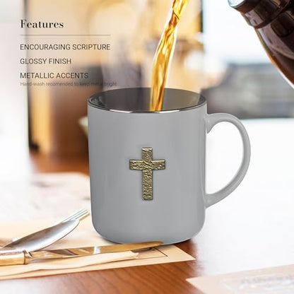 Christian Art Gifts Large Ceramic Coffee Scripture Mug for Men & Women - color: Gray & Black/Metal Cross