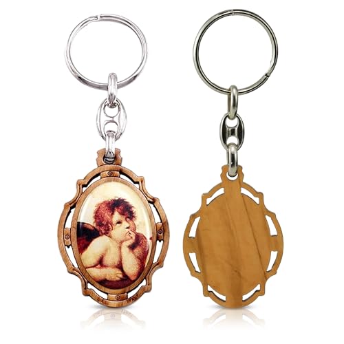 RosaryMart Olive Wood Religious Keychain for Men and Women | Catholic Keychain | Car KeyRing | Party Favors Key Holder - color: C-cherub Angel