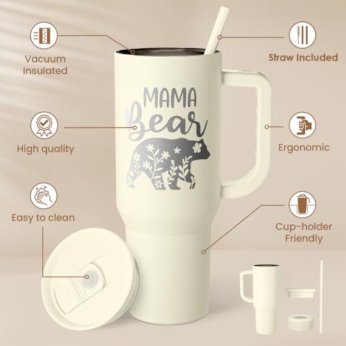 Mom Tumbler with Handle 40oz, Mama Bear Cup Stainless Steel Insulated Tumblers Coffee Travel Mug, Gifts for Moms from Daughter Son, Best Mother Gift for Christmas Birthday Mothers Day - color: Mom 3