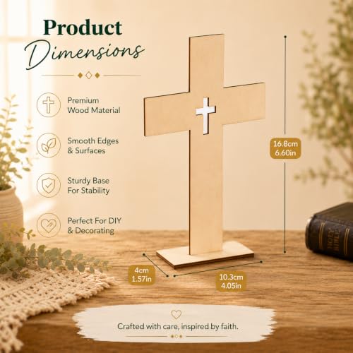 Wooden Crosses for Crafts: 10 Pack Unfinished Wood - DIY Blank Crosses with Stands Small Religious Crucifix Ornaments Catholic Baptism Centerpiece DIY Craft Supplies