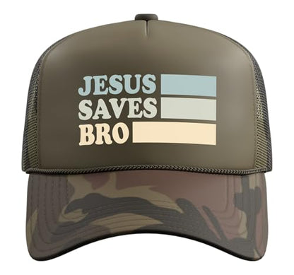 Jesus Saves Bro Christian Religion Trucker Hat with Adjustable Mesh Back - color: Camo Green
