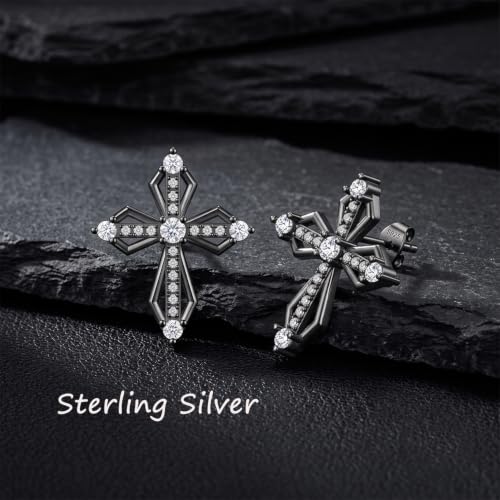 Sterling Silver Dainty Cross Earrings For Women, Christian Religious Faith Cubic Zirconia Stud Earrings - color: black