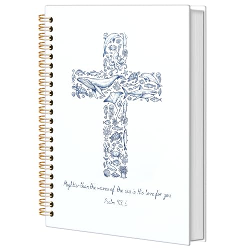 BNHJKFQZ Blue Coastal Beach Cross Christian Spiral Journal Notebook for Women Men, Psalm 93:4 Bible Verse Hardcover Notebook for Work Note Taking, Ocean Sea Life Religious Journals for Writing - color: Bible-Beach Cross