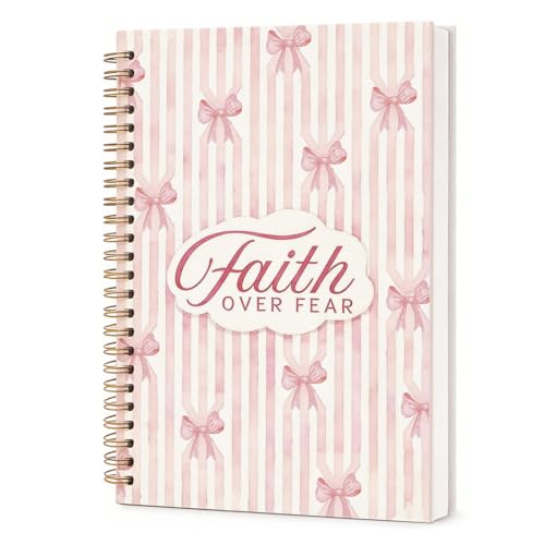 Christian Coquette Pink Bow Spiral Notebook 5.5x8.3 Inch, Faith Over Fear Lined Journal for School Work, Cute Bible Verse Gifts for Women Teen Girls - color: Faith