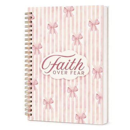 Christian Coquette Pink Bow Spiral Notebook 5.5x8.3 Inch, Faith Over Fear Lined Journal for School Work, Cute Bible Verse Gifts for Women Teen Girls - color: Faith