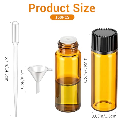 150 Pcs Mini Oil Bottles 5ml Essential Oil Bottles Amber Glass Small Sample Bottle with Orifice Reducers Funnels Droppers for Travel Sample Storage