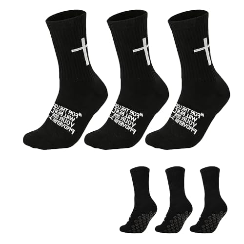 3 Pack Cross Grip Bible Verse Soccer Socks | Anti-Slip Religious Christian Sports Socks US 6-13 - color: Black