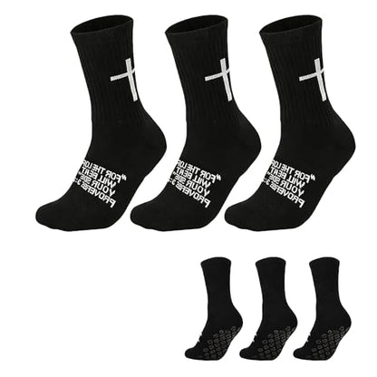 3 Pack Cross Grip Bible Verse Soccer Socks | Anti-Slip Religious Christian Sports Socks US 6-13 - color: Black