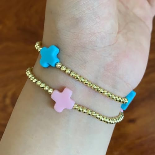 Colorful Cross Charm Bracelets for Women Men Adjustable Gold Plated Beaded Bracelet Boho Bead Ball Stretch Bracelet Birthday Summer Beach Jewelry - color: 3mm Blue
