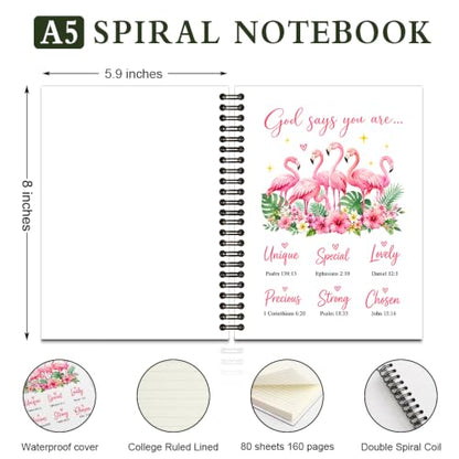 TQLIUOL God Says You Are Unique Religion Cute Spiral Hardcover Journal Colorful College Ruled Lined Notebook, Pink Flamingos Flower Scripture Journal, New Chapter Notebook Gifts for Flamingo Lovers