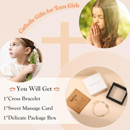 Catholic Bracelets Gifts for Women Girls, Simulated Pearl Rosary Beads Virgin Mary Cross Charm Bracelet Confirmation First Communion Baptism Religious Christian Jewelry Gift - color: Baptism Gold