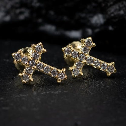 Small Mens Women's Prong Set Iced 5A Cz Hip Hop Yellow Gold 925 Sterling Silver Screw Back Post Hypoallergenic Crucifix Ice Out Cubic Zirconia Gothic Cross Stud Earrings