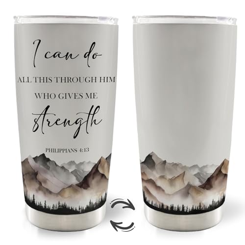 Christian Inspirational 20oz Travel Coffee Mug Tumbler, Christian Gifts for Women Men, Mountain Landscape Bible Verse Religious Stainless Steel Tumbler with Lid and Straw - color: strenhth