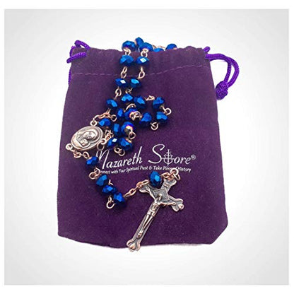 Nazareth Store Deep Blue Crystal Beads Rosary Necklace Catholic Prayer Jerusalem Holy Soil Medal Cross Antique Religious Rosaries Beads Collection