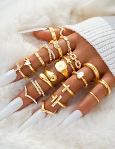 Gold Stackable Rings Set for Women, Gold Plated Chunky Crystal Finger Rings - color: Gold CZ