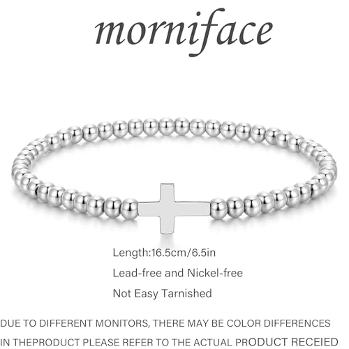 morniface Beaded Bracelet for Women, Handmade Stretch Bracelet with Charms, Dainty Stackable and Trendy Jewelry Gift - style: Silver Beaded-cross