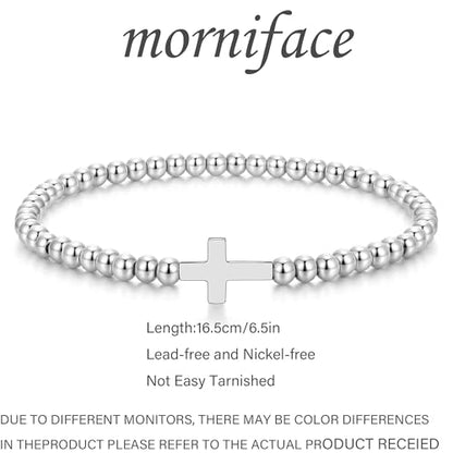 morniface Beaded Bracelet for Women, Handmade Stretch Bracelet with Charms, Dainty Stackable and Trendy Jewelry Gift - style: Silver Beaded-cross