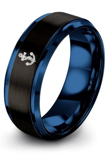 Gift for Nautical Fan - Anchor With Rope Ring - Men Women - Tungsten - Flat Dome Bevel - Band - Yellow Gold Black Silver Blue - Anniversary Wedding - 8mm - Brushed Polished - Personalized Custom Engra - color: 05 - Black Blue Tungsten