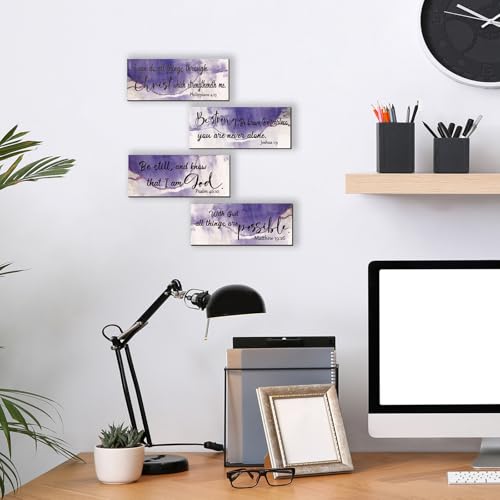 4 Pcs Purple Bathroom Decor Christian Wall Art Abstract Bible Verse Wall Decor Rustic Inspirational Wood Bathroom Accessories For Bedroom Kitchen Office(10 x 4 Inches, Purple) - color: Purple