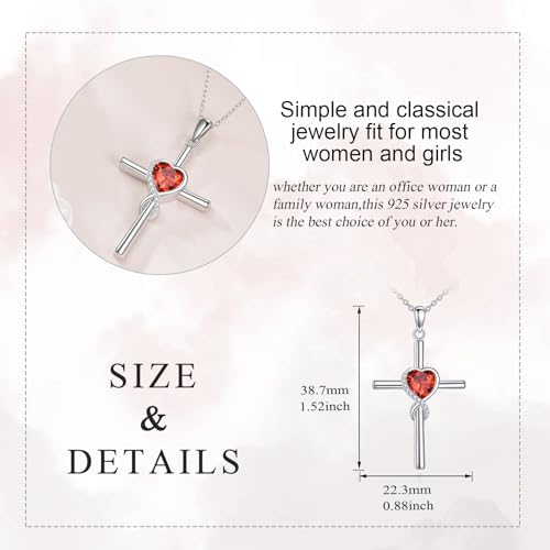 S925 Sterling Silver Cross Necklace for Women Birthstone Necklace Heart Infinity Cross Pendant Necklace Christmas Valentines Day Gifts Birthday Holiday Gifts for Her, 18"+2" Inches - color: 01-Jan Birthstone - Garnet