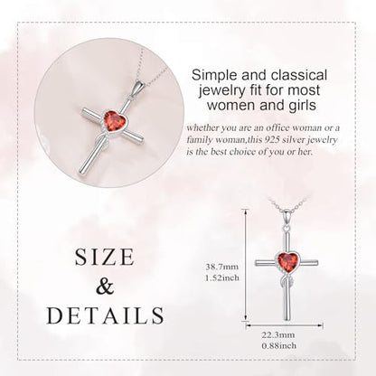 S925 Sterling Silver Cross Necklace for Women Birthstone Necklace Heart Infinity Cross Pendant Necklace Christmas Valentines Day Gifts Birthday Holiday Gifts for Her, 18"+2" Inches - color: 01-Jan Birthstone - Garnet